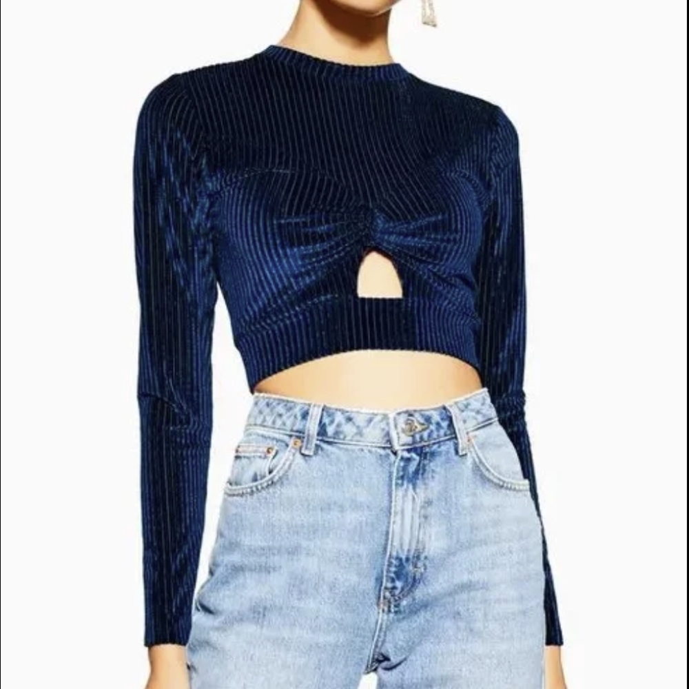 NWOT Topshop Navy Velvet Ribbed Cropped Top